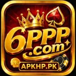 Luxurious casino-style 6PPP.com logo in gold lettering on a deep red background, featuring a jeweled crown, red spade, gold coins, casino chip, and an APKHP.PK banner.