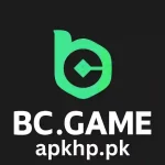 BC.GAME logo featuring a bright green stylized 'B' icon on a black background, with "BC.GAME" in bold white text and "apkhp.pk" written directly beneath it in white lowercase letters.