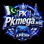 3D gaming logo with glowing blue lighting featuring text "Pkmega.win" and "APKHP", a blue controller, the flag of Pakistan, Minar-e-Pakistan, a crown, and silver laurels.