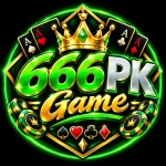 Circular green and gold logo for 666PK Game featuring four ace playing cards, a crown, casino chips, and card suit symbols set against a dark background.