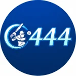 C444 logo featuring a cricket player with a bat and ball beside the number 444 on a blue background.