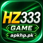 HZ333 Game APK logo in gold and white text on a glowing green background with apkhelp.pk branding.