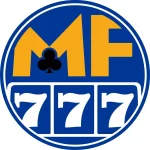 Circular logo featuring yellow letters MF with a black club symbol, above three white 7s in blue slot machine reels.