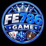 A circular glowing blue logo with a crown, reading FE786 GAME alongside playing cards, a die, and a roulette wheel