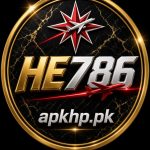 Circular gold bordered logo on black marble background featuring a red star with airplane, large metallic text HE786, a red airplane streak, and apkhp.pk at the bottom.