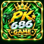 PK 686 Game official app logo featuring dynamic gold and silver text, a golden crown, a game controller, and green emerald borders.