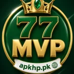 MVP77 Game promotional banner displaying a golden crown shield emblem, mobile app interface showing games like Teen Patti and Rummy, and key features including instant withdrawal and daily bonuses.